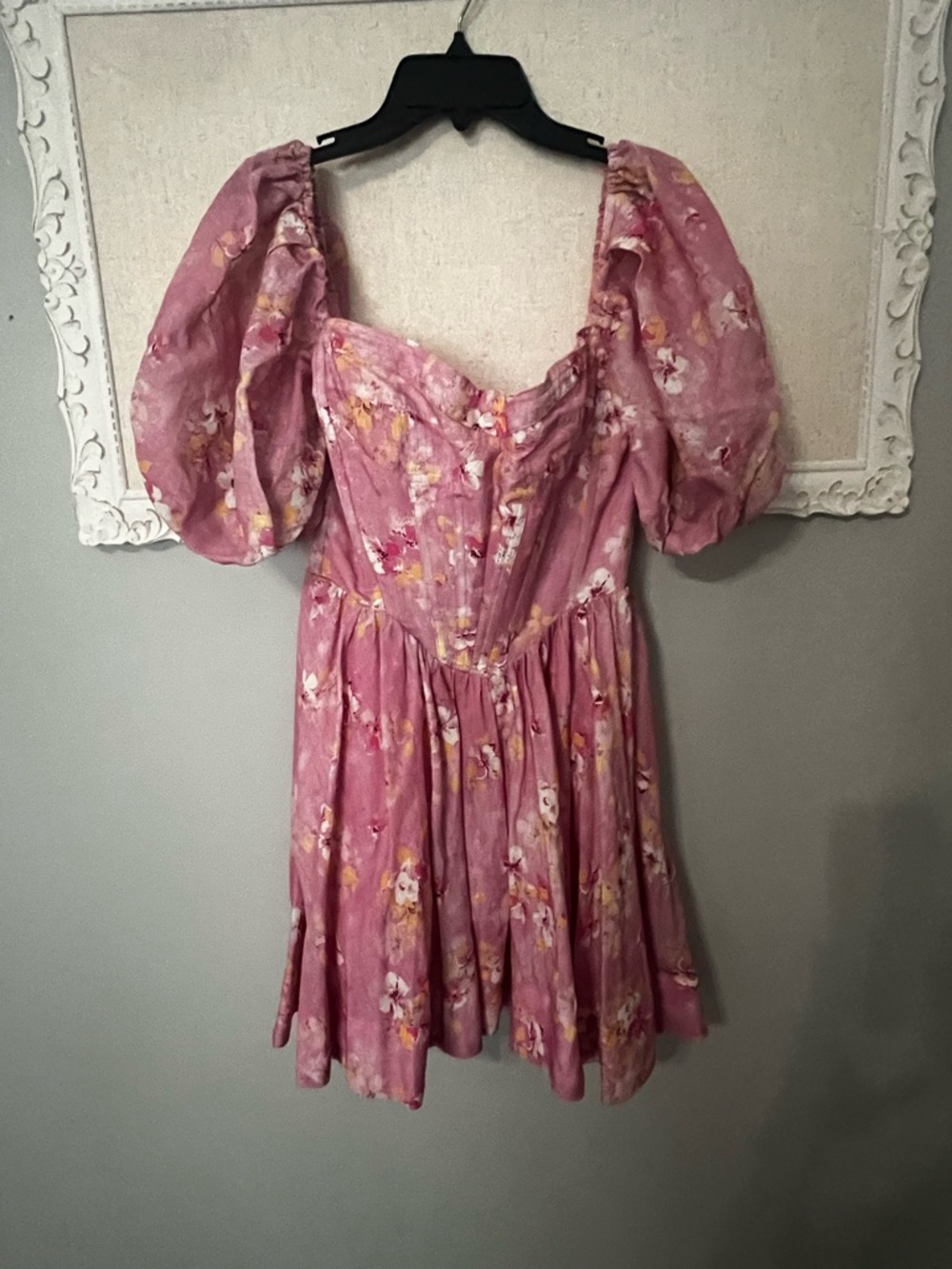 Bardot Pink Floral Puff-Sleeve Mini Dress